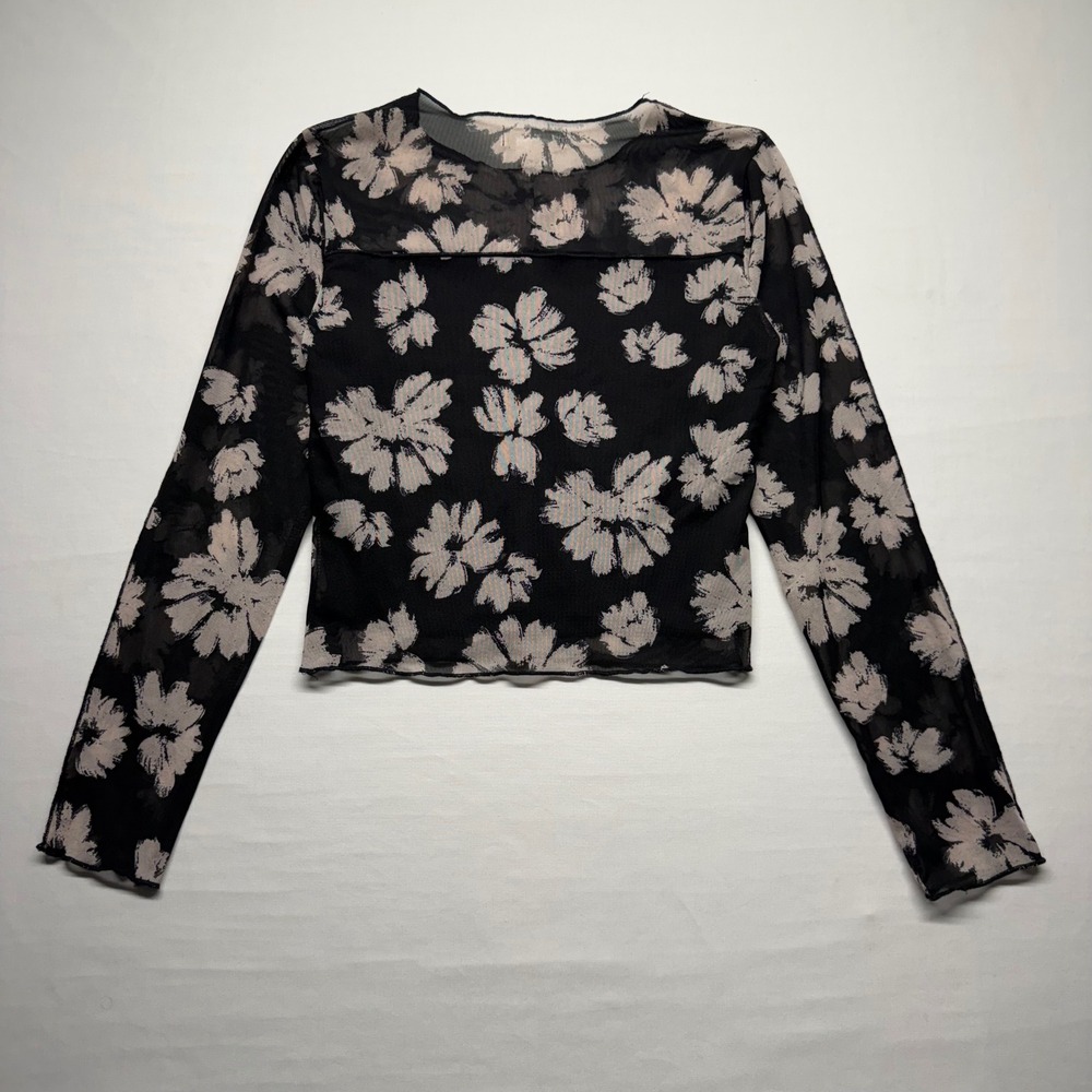Sheer Mesh Floral Crop Top Long Sleeve Y2K Whimsigoth Grunge XS S - Picture 5 of 9